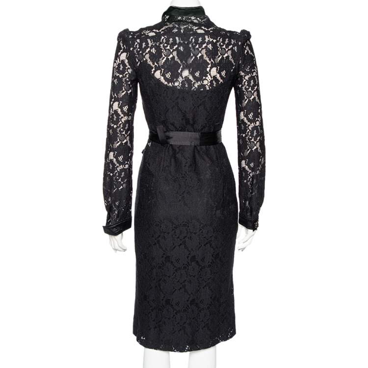 مملوكة مسبقًا D&G Black Lace And Satin Trim Button Down Belted Midi Dress S