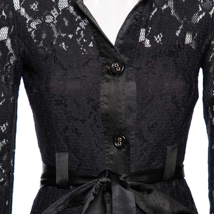 مملوكة مسبقًا D&G Black Lace And Satin Trim Button Down Belted Midi Dress S