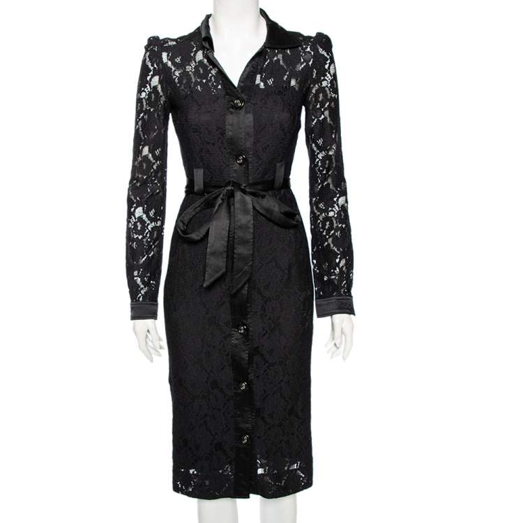 مملوكة مسبقًا D&G Black Lace And Satin Trim Button Down Belted Midi Dress S