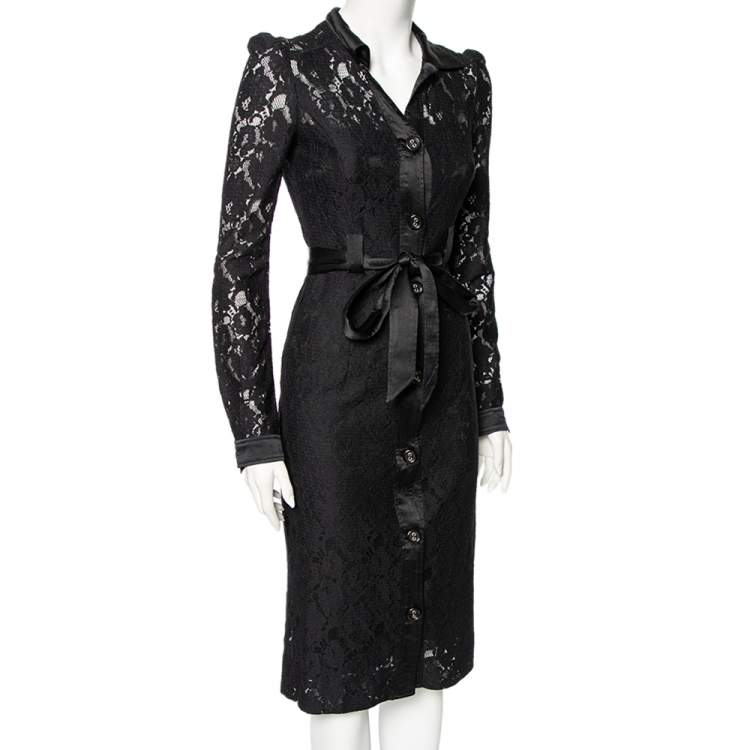 مملوكة مسبقًا D&G Black Lace And Satin Trim Button Down Belted Midi Dress S