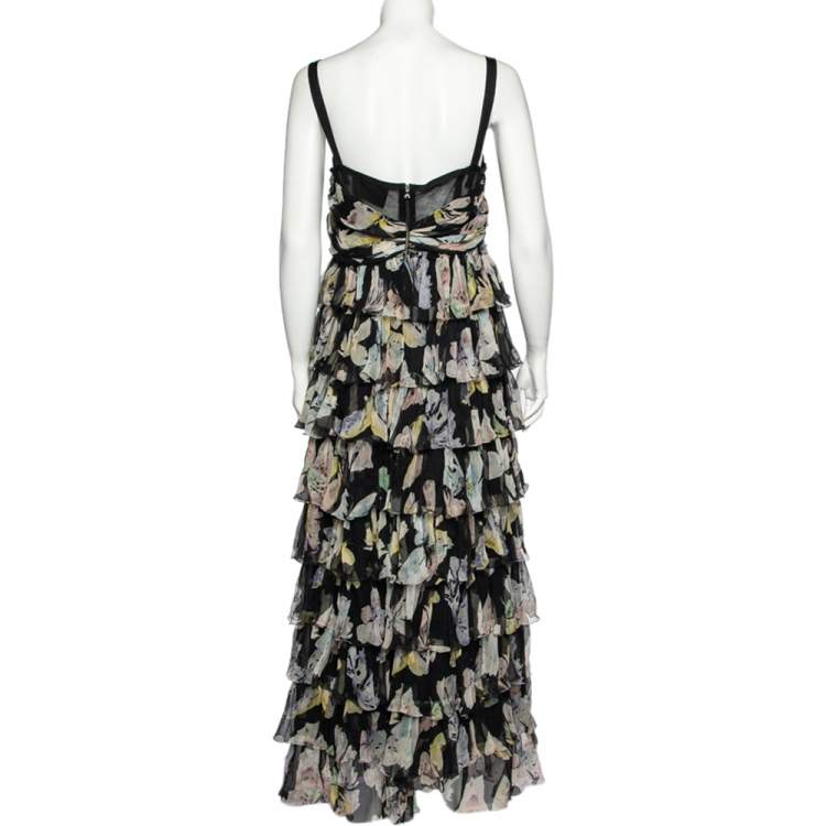 Pre Owned D&G Black Floral Print Silk Crepe Tiered Maxi Dress L