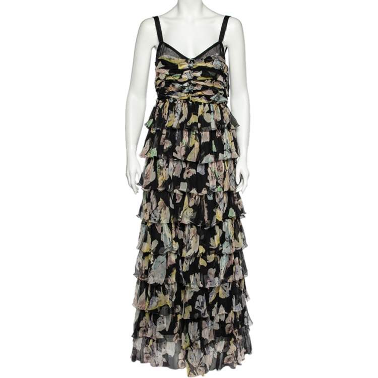 Pre Owned D&G Black Floral Print Silk Crepe Tiered Maxi Dress L