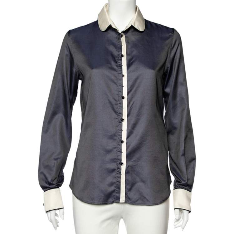 Pre Owned D&G Navy Blue Textured Silk Blend Contrast Trim Shirt M