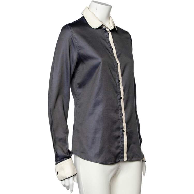 Pre Owned D&G Navy Blue Textured Silk Blend Contrast Trim Shirt M