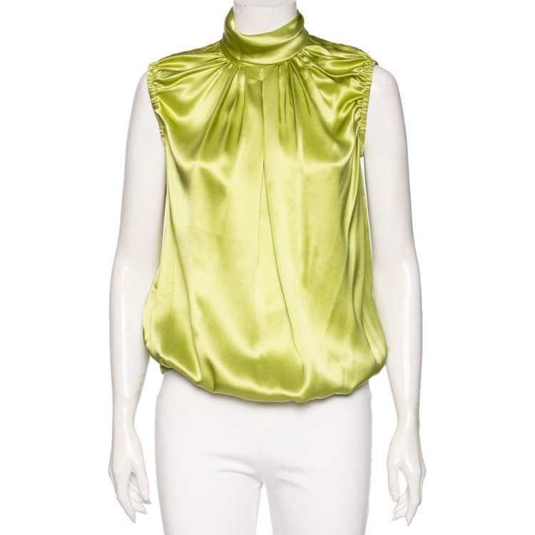 Pre Owned D&G Green Silk Pleated Yolk Detailed Sleeveless Blouse M
