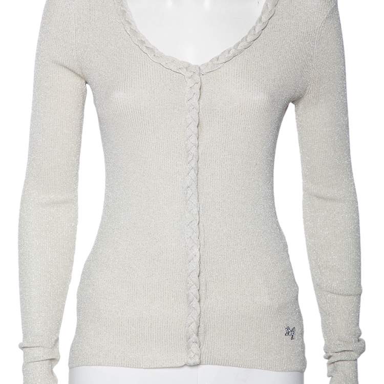 Pre Owned D&G Silver Lurex Knit Braided Trim Button Front Cardigan M