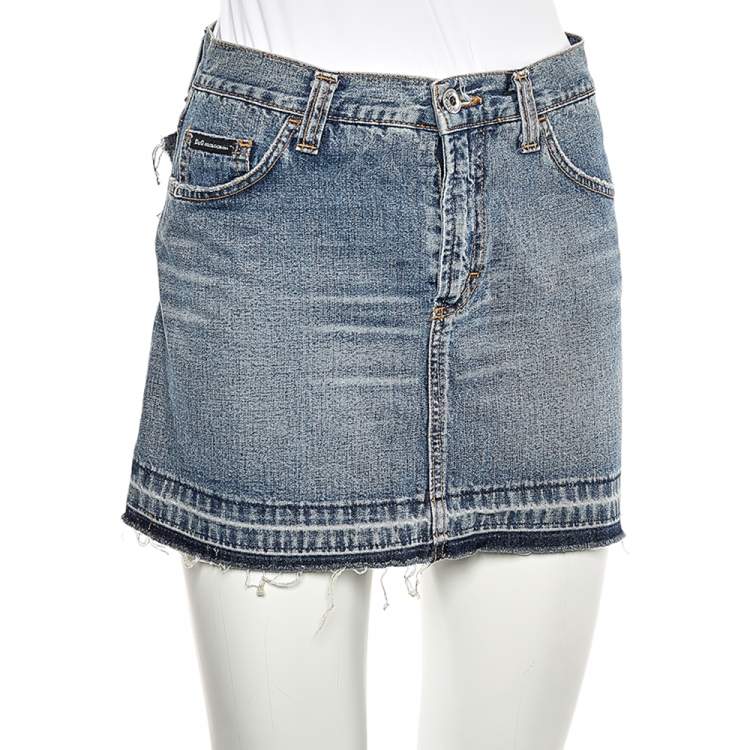 Pre Owned D&G Blue Denim Back Floral Logo Embroidered Mini Skirt S