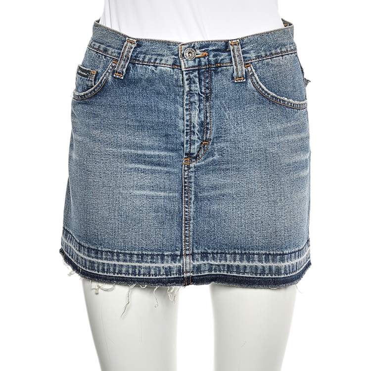 Pre Owned D&G Blue Denim Back Floral Logo Embroidered Mini Skirt S