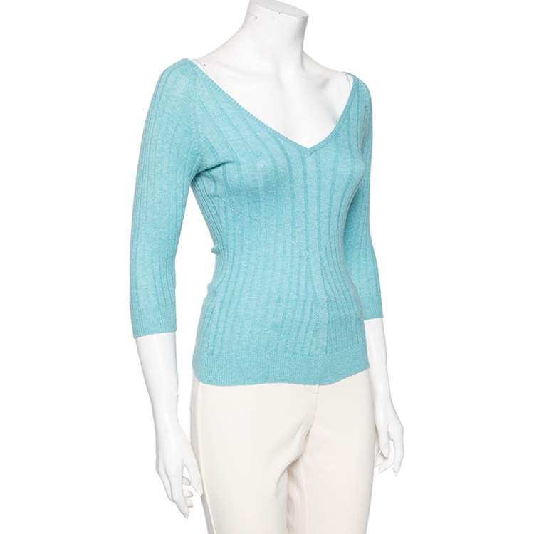 Pre Owned D&G Blue Cotton & Cashmere Knit V-Neck Sweater S