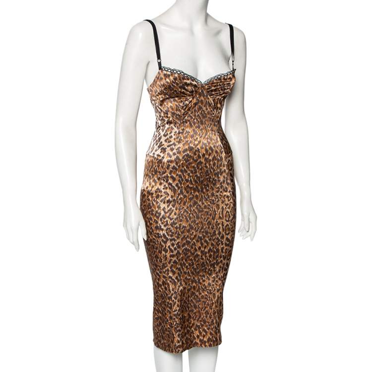 Pre Owned D&G Brown Animal Printed Textured Cotton Sleeveless Sheath Dress S