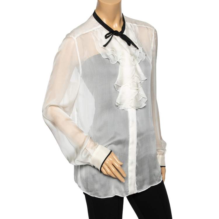 Pre Owned D&G White Silk Ruffle Front Top L