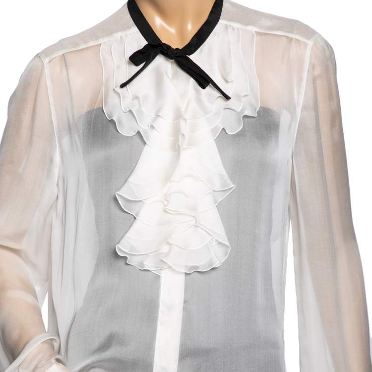 Pre Owned D&G White Silk Ruffle Front Top L