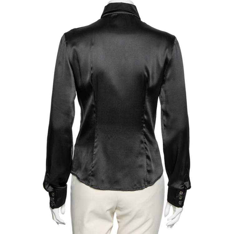 Pre Owned D&G Black Silk Lace Trimmed Button Front Shirt L 