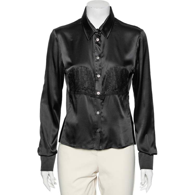 Pre Owned D&G Black Silk Lace Trimmed Button Front Shirt L 