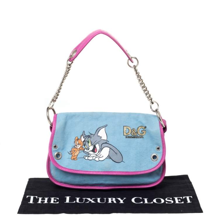 Pre Owned D&G Light Blue/Pink Tom and Jerry Print Canvas and Leather Flap Chain Shoulder Bag