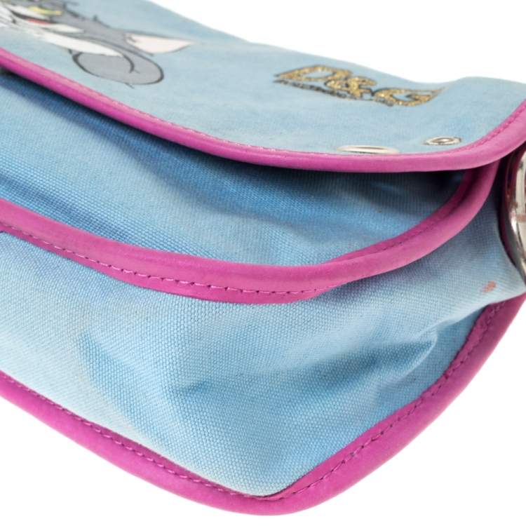 Pre Owned D&G Light Blue/Pink Tom and Jerry Print Canvas and Leather Flap Chain Shoulder Bag