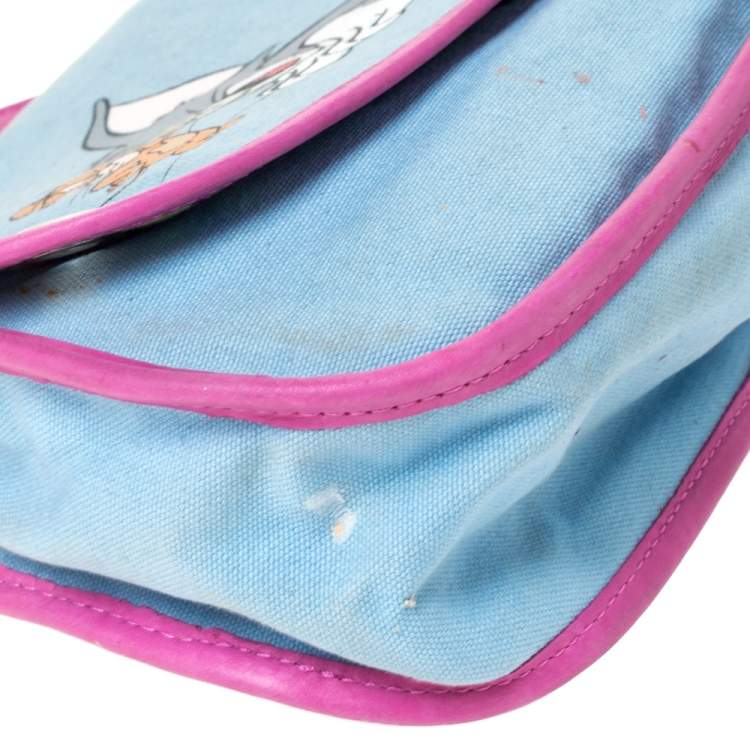Pre Owned D&G Light Blue/Pink Tom and Jerry Print Canvas and Leather Flap Chain Shoulder Bag