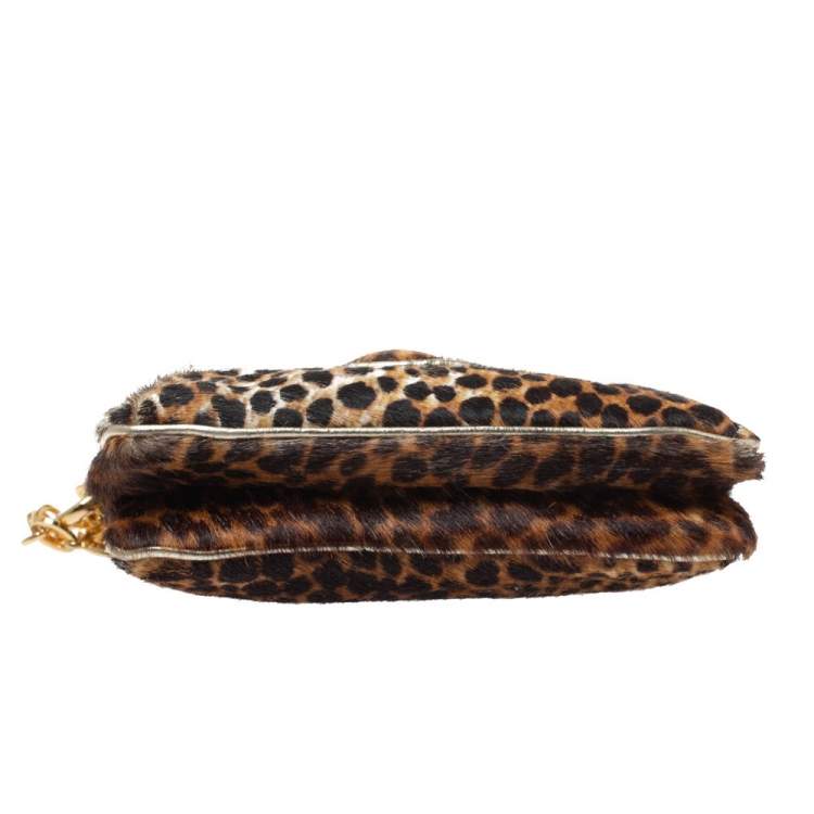 Pre Owned D&G Brown Leopard Print Calfhair Flap DG Charm Chain Shoulder Bag