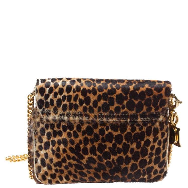 Pre Owned D&G Brown Leopard Print Calfhair Flap DG Charm Chain Shoulder Bag