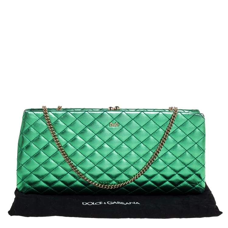 Pre Owned D & G Metallic Green Quilted Leather Vania Chain Clutch