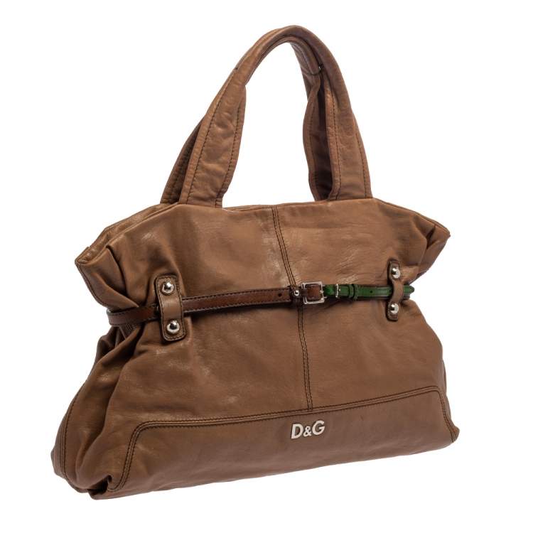Pre Owned D&G Brown Leather With Green Patent Strap Bag Isotta Tote 