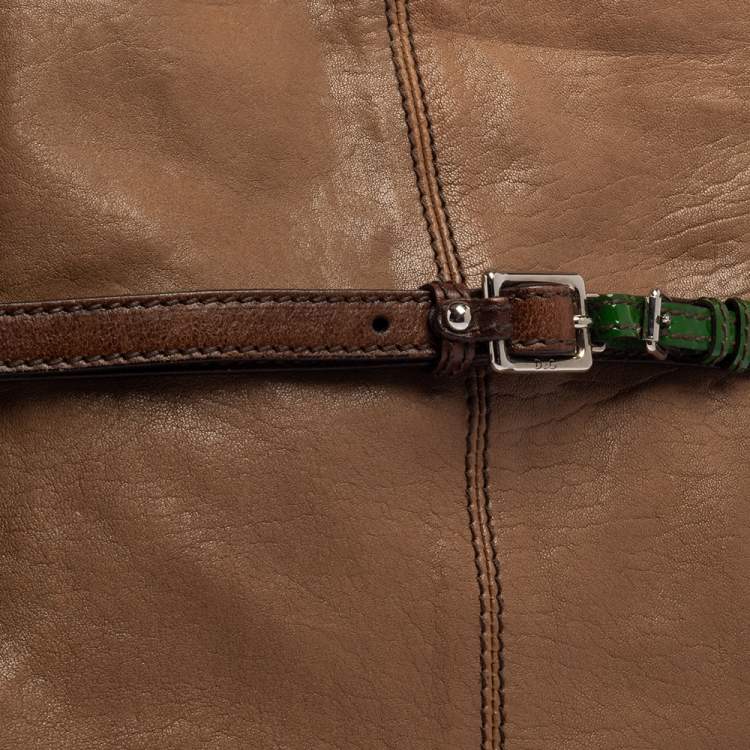 Pre Owned D&G Brown Leather With Green Patent Strap Bag Isotta Tote 