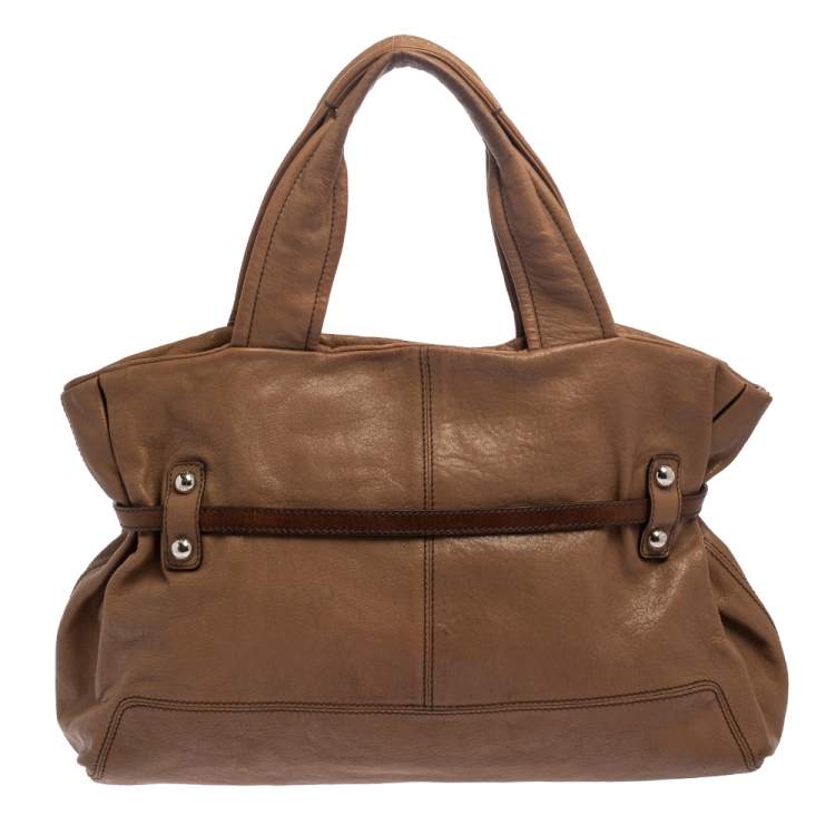 Pre Owned D&G Brown Leather With Green Patent Strap Bag Isotta Tote 