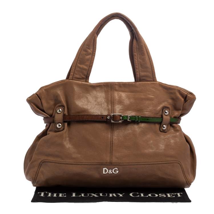 Pre Owned D&G Brown Leather With Green Patent Strap Bag Isotta Tote 