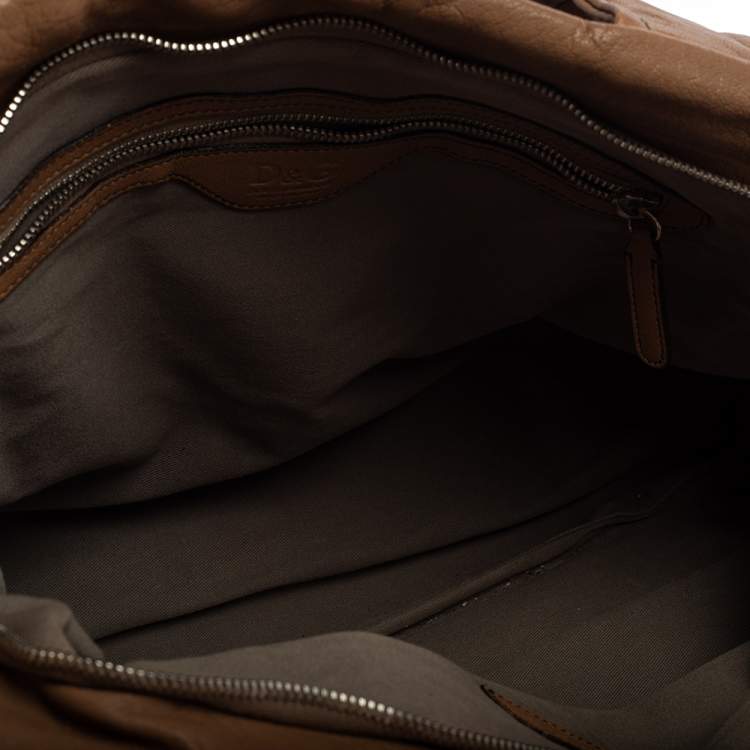 Pre Owned D&G Brown Leather With Green Patent Strap Bag Isotta Tote 