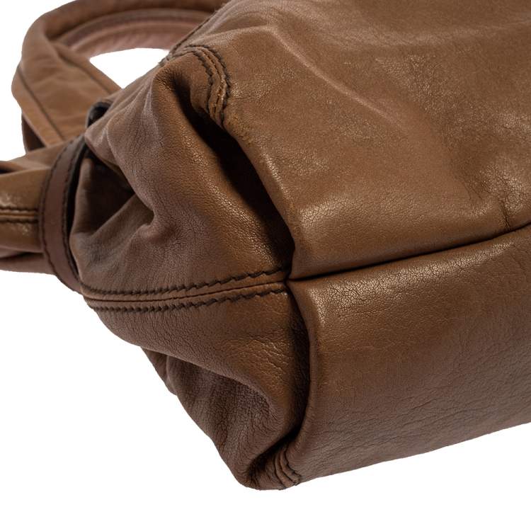 Pre Owned D&G Brown Leather With Green Patent Strap Bag Isotta Tote 