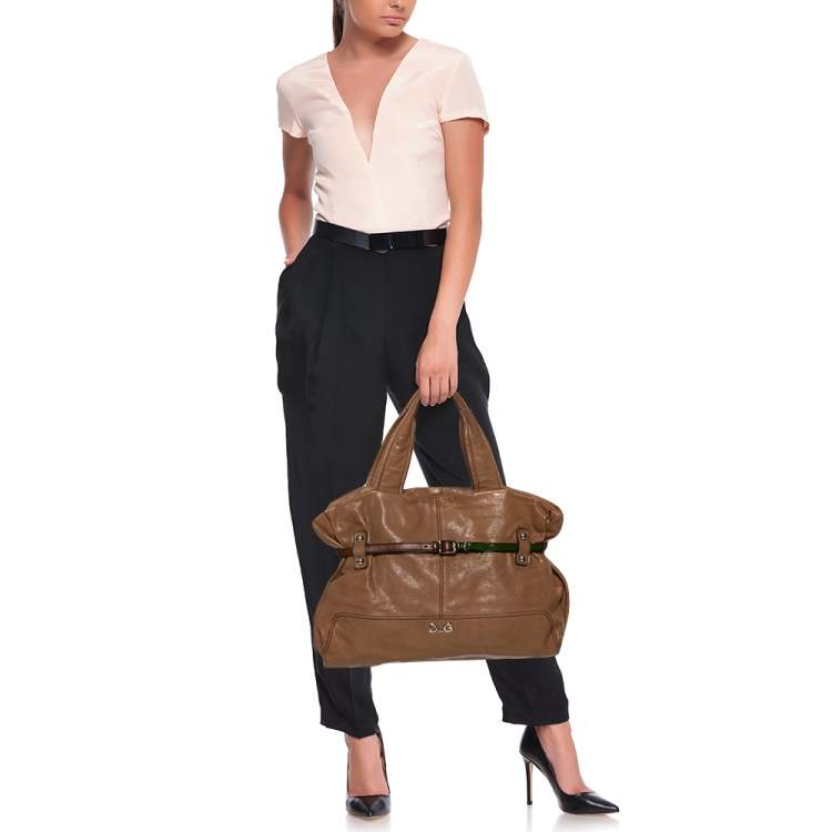Pre Owned D&G Brown Leather With Green Patent Strap Bag Isotta Tote 