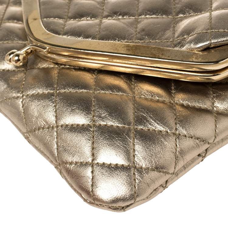 Pre Owned D&G Metallic Gold Quilted Leather Kisslock Foldover Chain Clutch