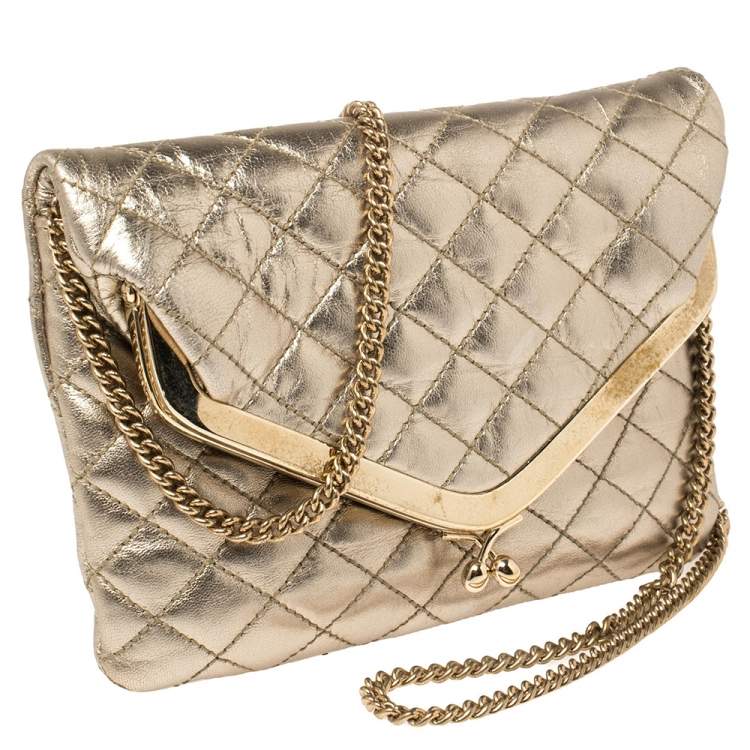 Pre Owned D&G Metallic Gold Quilted Leather Kisslock Foldover Chain Clutch