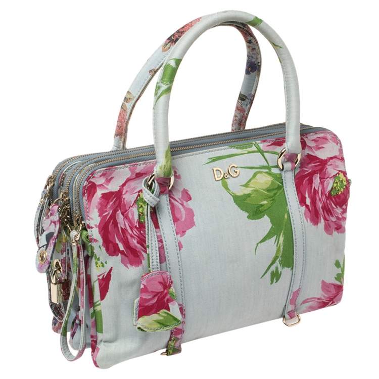 مملوكة مسبقًا D&G Multicolor Floral Denim Lily Twist Satchel