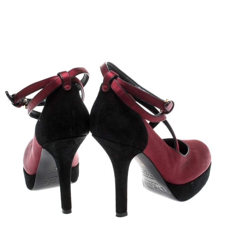 Pre Owned D&G Burgundy/Black Satin and Suede Criss Cross Ankle Strap Platform Pumps Size 36