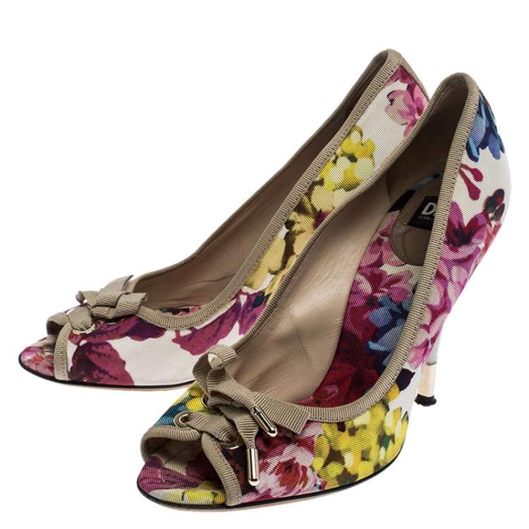 Pre Owned D and G Multicolor Floral Printed Fabric Bow Peep Toe Pumps 37