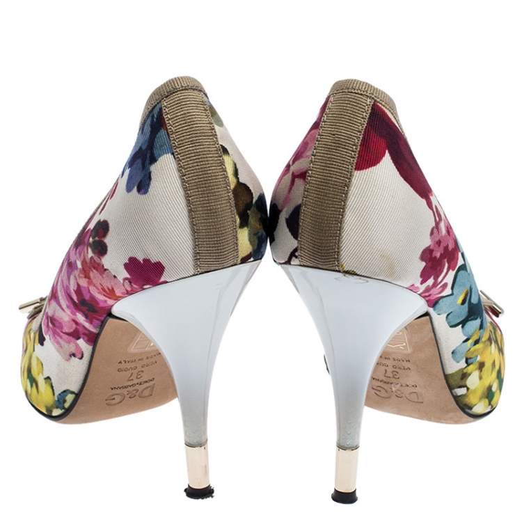 Pre Owned D and G Multicolor Floral Printed Fabric Bow Peep Toe Pumps 37