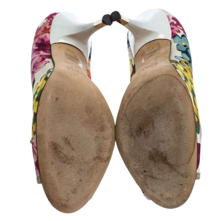 Pre Owned D and G Multicolor Floral Printed Fabric Bow Peep Toe Pumps 37