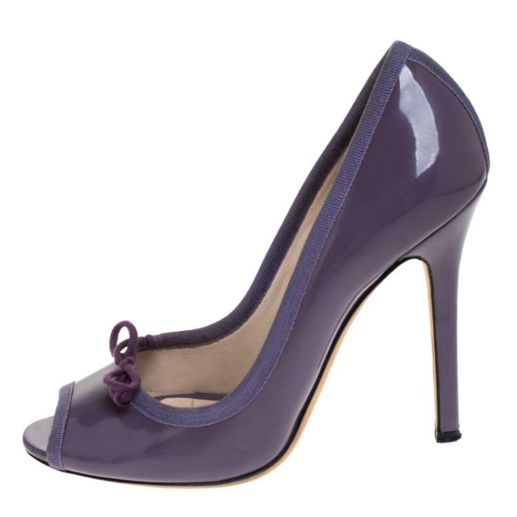 Pre Owned D&G Purple Patent Leather Bow Peep Toe Pumps Size 37