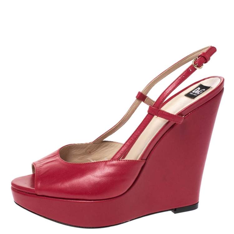Pre Owned Dolce & Gabbana Pink Leather Peep Toe Wedge Slingback Sandals Size 36.5