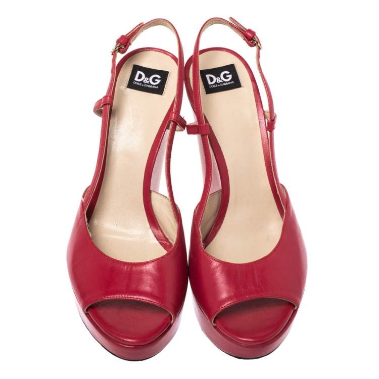 Pre Owned Dolce & Gabbana Pink Leather Peep Toe Wedge Slingback Sandals Size 36.5