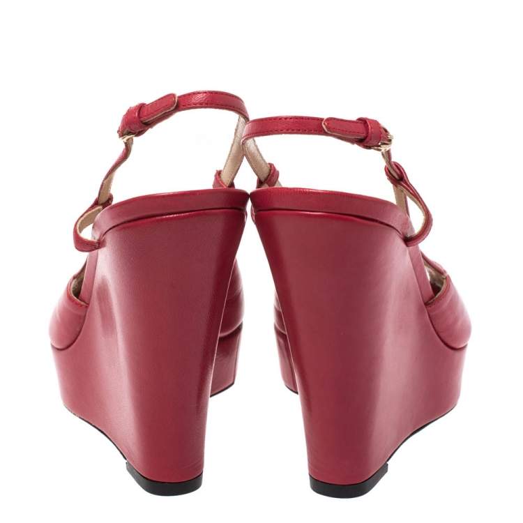 Pre Owned Dolce & Gabbana Pink Leather Peep Toe Wedge Slingback Sandals Size 36.5