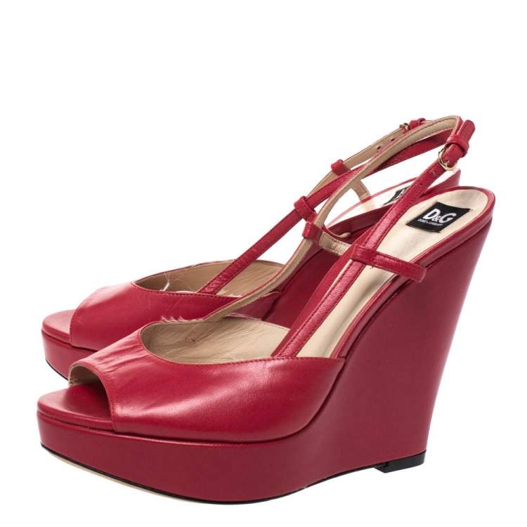 Pre Owned Dolce & Gabbana Pink Leather Peep Toe Wedge Slingback Sandals Size 36.5