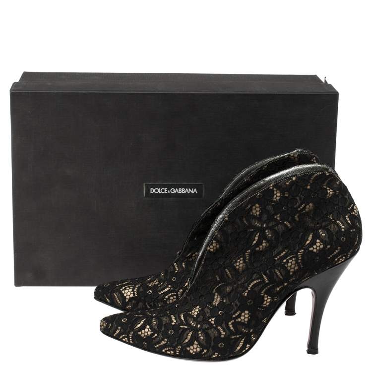 Pre Owned D&G Black Lace Scallop Pointed Toe Ankle Boots Size 38.5