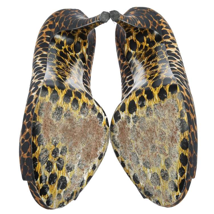 Pre Owned Dolce & Gabbana Black Leopard Printed Fabric Platform Peep Toe Pumps Size 38
