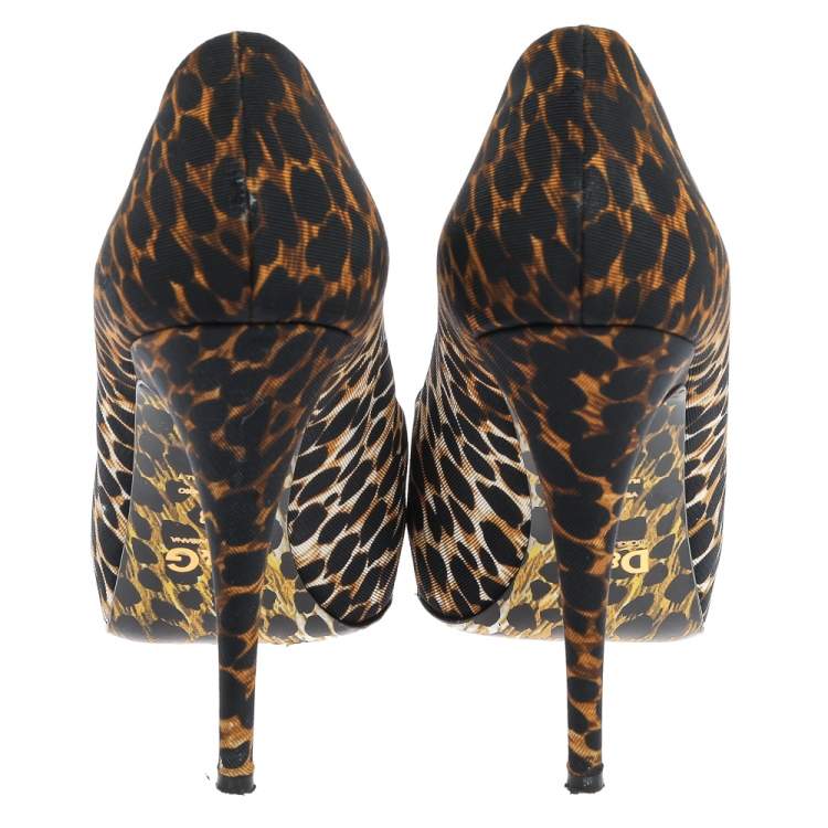 Pre Owned Dolce & Gabbana Black Leopard Printed Fabric Platform Peep Toe Pumps Size 38