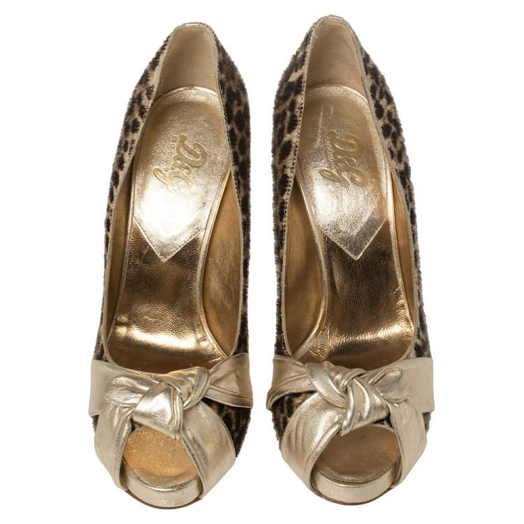 Pre Owned Dolce & Gabbana Gold Leather and Pony Hair Knotted Peep Toe Pumps Size 40