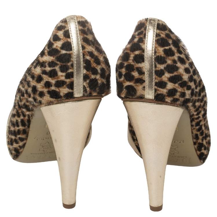 Pre Owned Dolce & Gabbana Gold Leather and Pony Hair Knotted Peep Toe Pumps Size 40