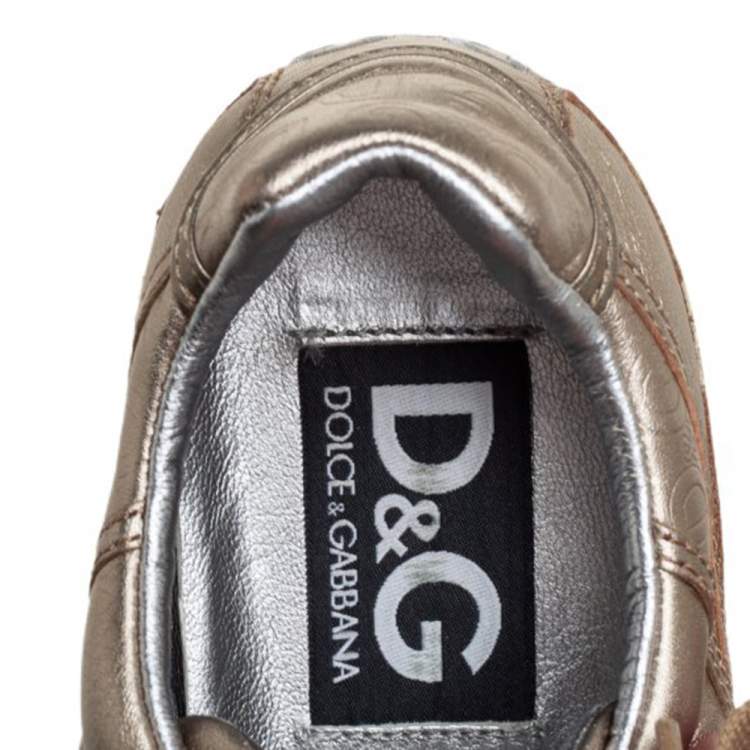 Pre Owned D&G Metallic Gold Leather Lace Up Low Top Sneakers Size 36.5