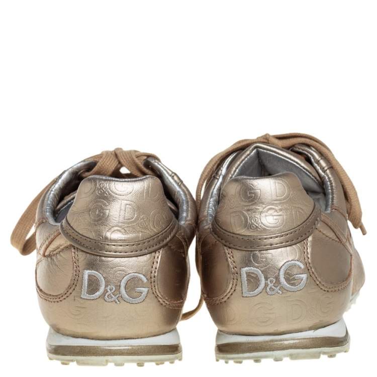 Pre Owned D&G Metallic Gold Leather Lace Up Low Top Sneakers Size 36.5